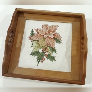 Vintage Wooden Tray with Floral Embroidery and Glass Top